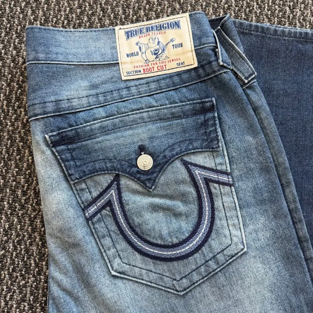 True Religion Boot Cut Denim Jeans Mens Faded Distressed Flap Pocket USA 38x34